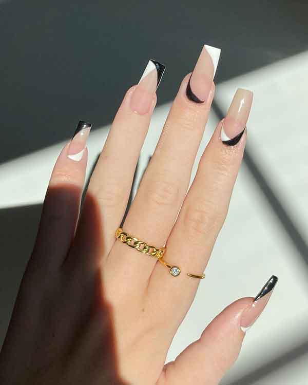 Black And White French Tip Coffin Nails